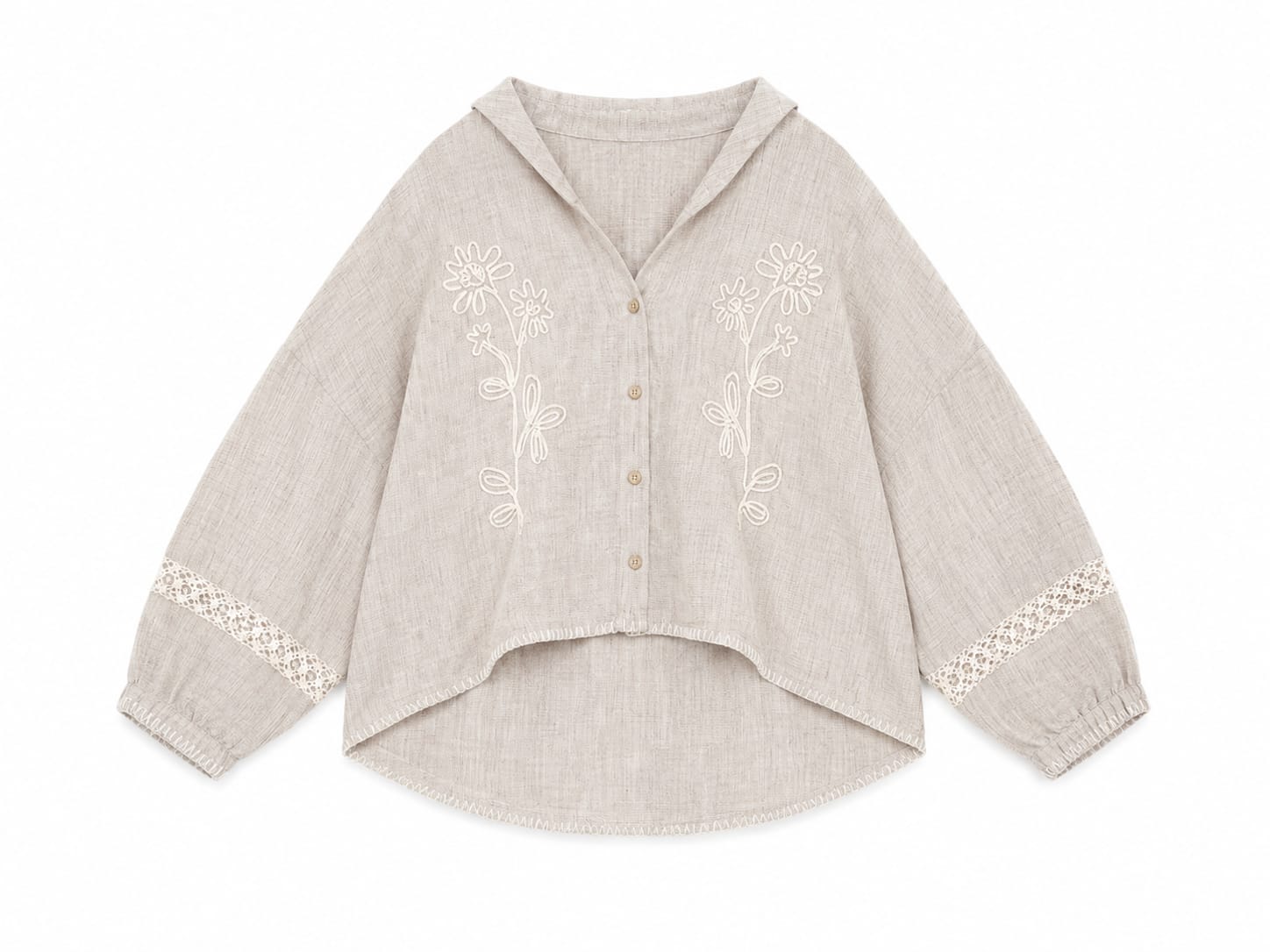 Women beige floral embroidered line blouse