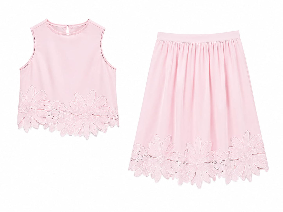 Blush floral lace top& midi skirt set