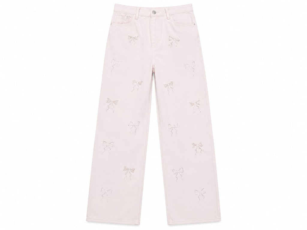 Women blush bow embellished wide-leg pants