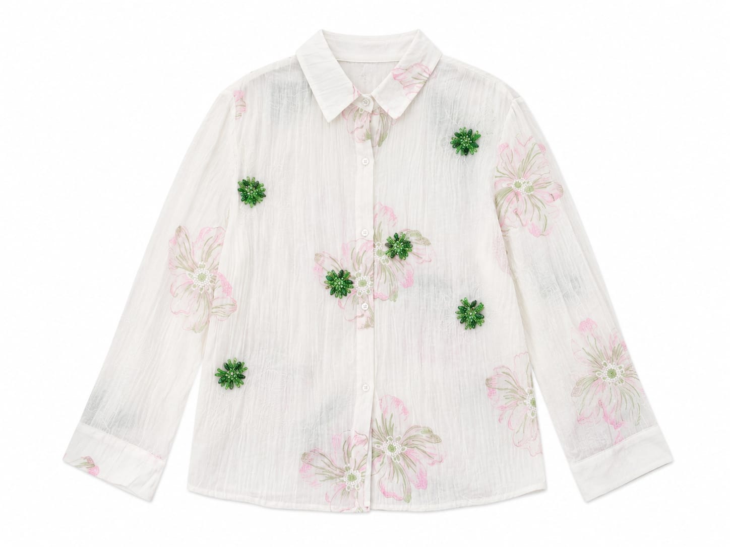 Women floral embellished sheer button-up blouse