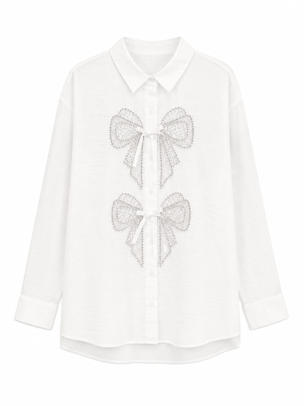 White bow embellished button-up shirt