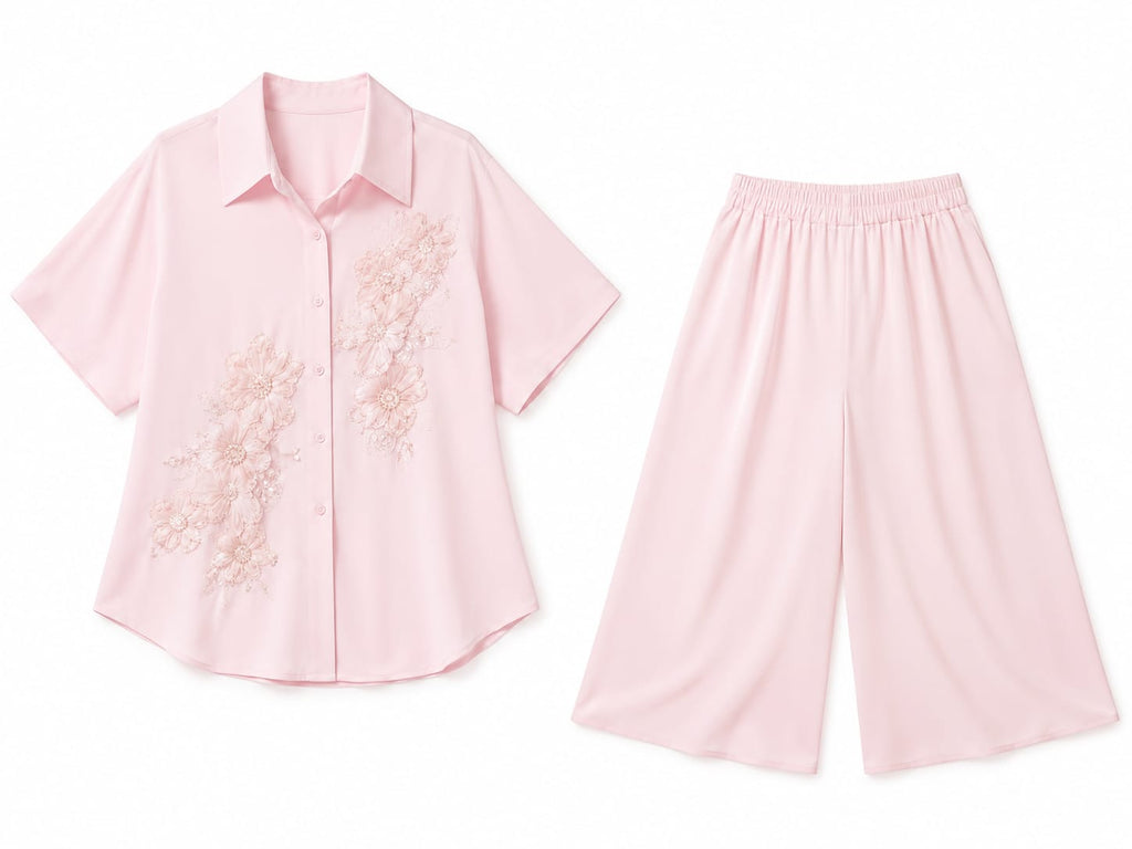 Blush pink floral shirt& wide-leg pants set