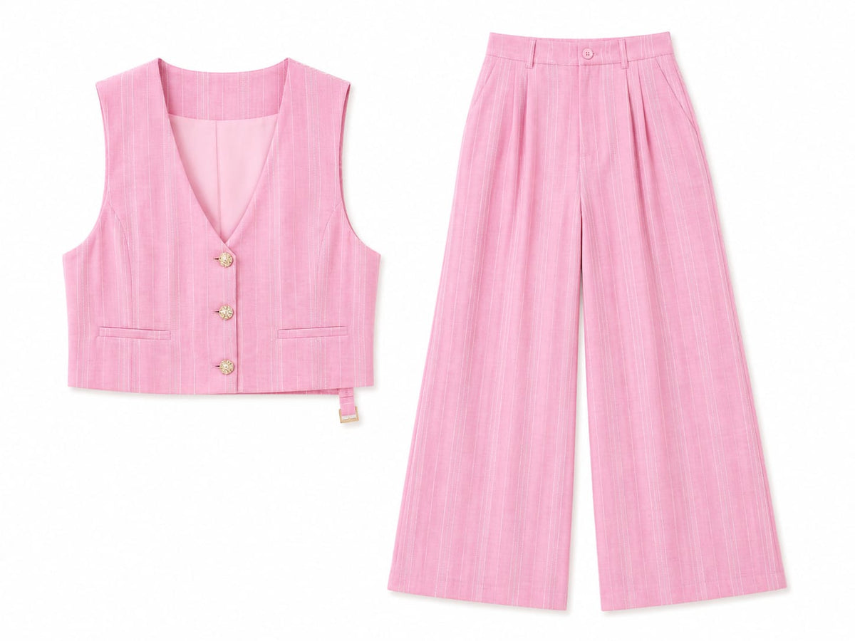 Pink pinstripe west & wide-leg pants set