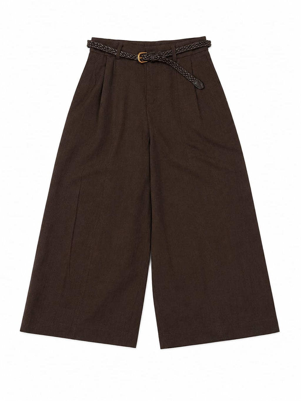 Women dark brown wide-leg cropped pants with braided belt