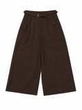 Women dark brown wide-leg cropped pants with braided belt