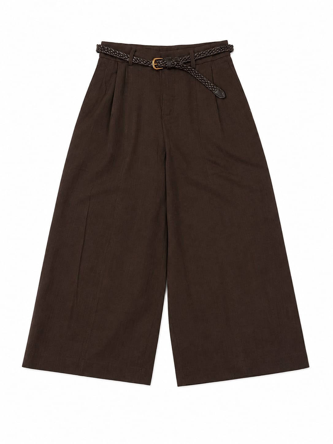 Women dark brown wide-leg cropped pants with braided belt