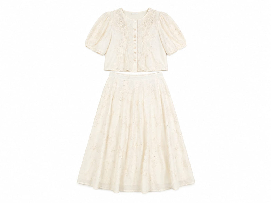 Women embroidered tow-piece skirt set-ivory