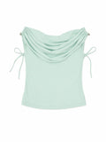 Women mint green draped cowl neck top