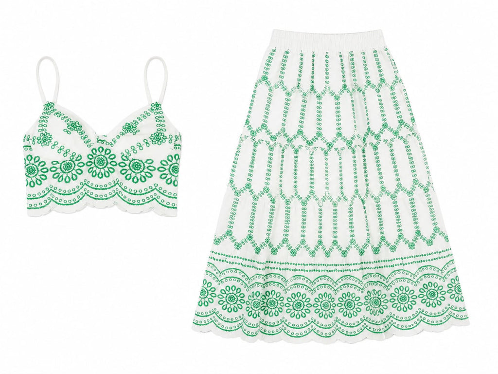 Women white & green embroidered tow-piece skirt set