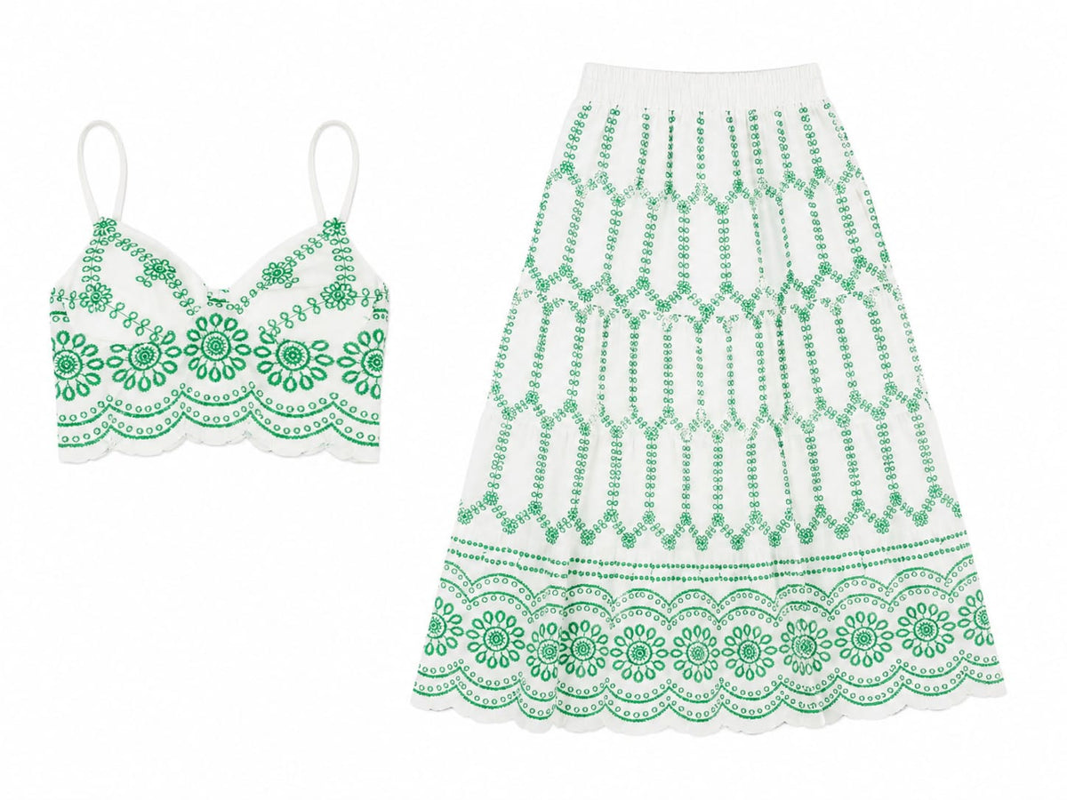 Women white & green embroidered two-piece skirt set