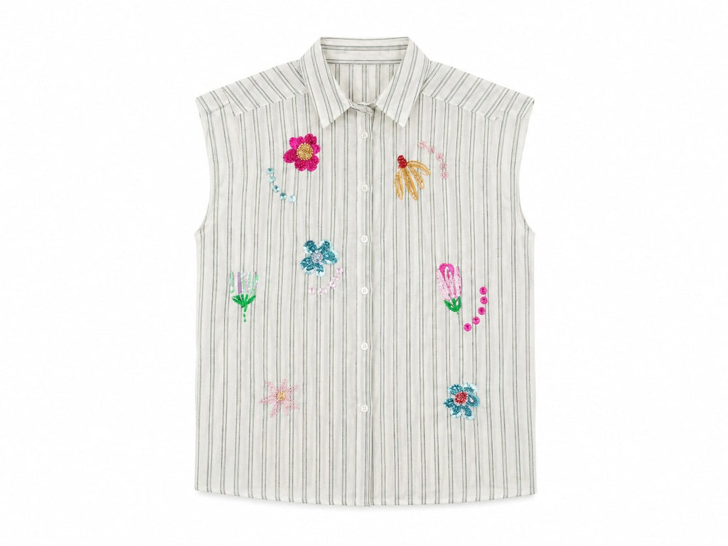 Women striped sleeveless embroidered button-up shirt