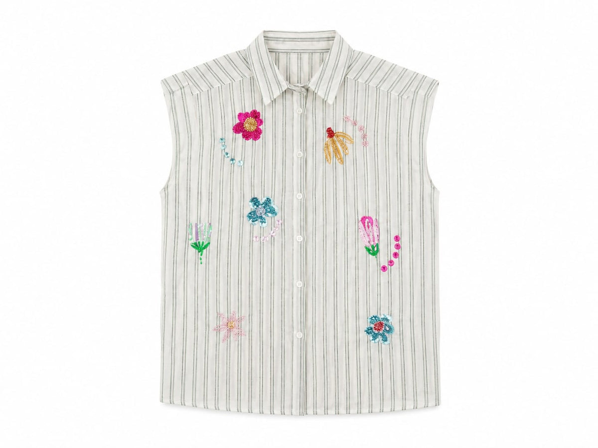 Women striped sleeveless embroidered button-up shirt