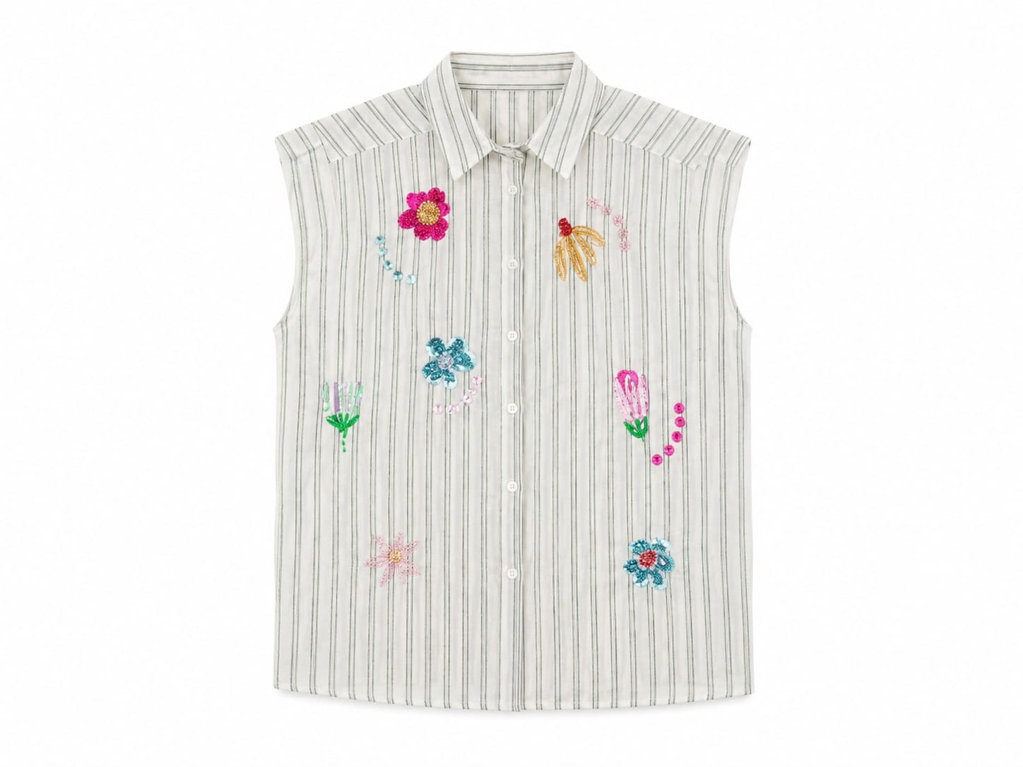 Women striped sleeveless embroidered button-up shirt