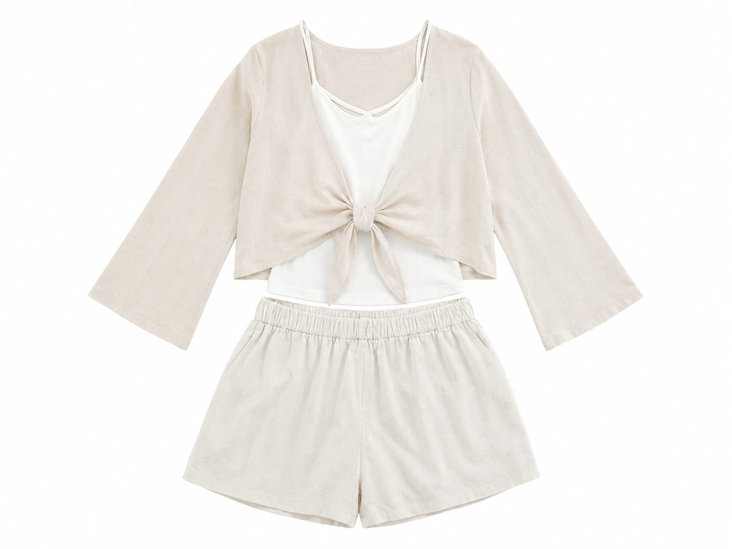 Women linen three-piece lounge set-beige