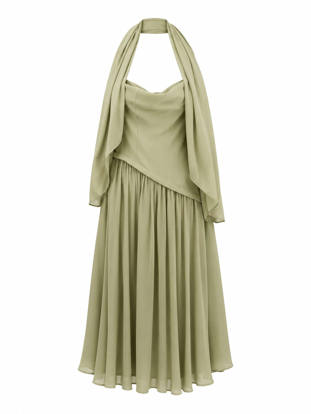 Women sage green halter maxi dress with scarf detsil