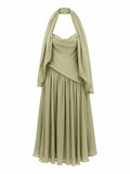 Women sage green halter maxi dress with scarf detsil