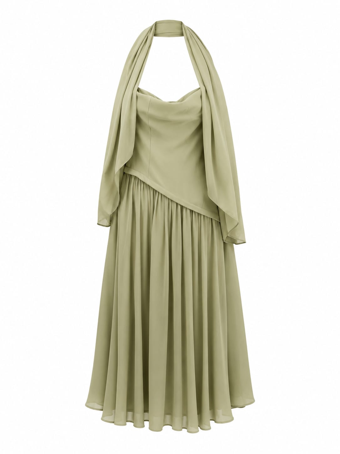 Women sage green halter maxi dress with scarf detsil