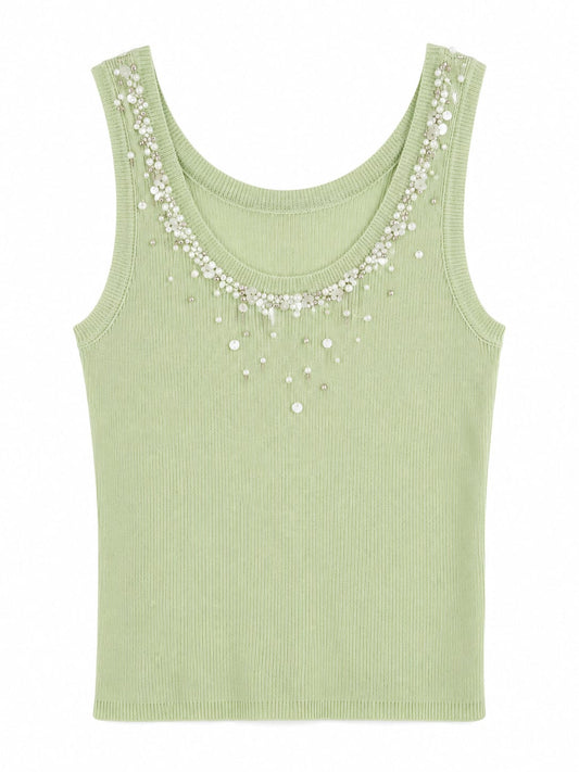 Women embellished ribbed knit tank top-mint green