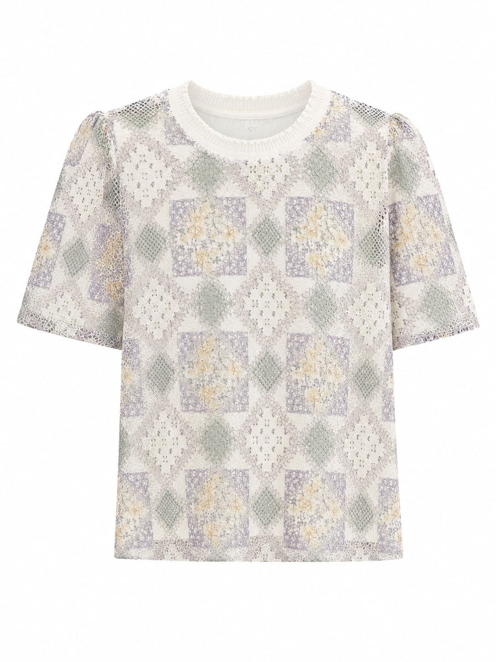 Women pastel geometric lace short sleeve top