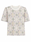 Women pastel geometric lace short sleeve top
