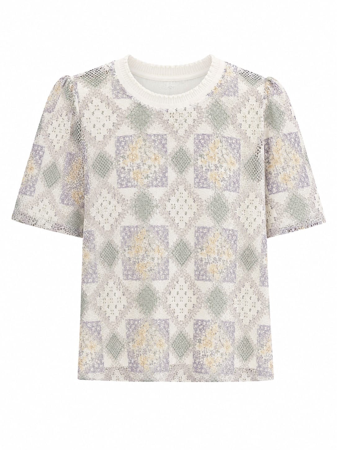 Women pastel geometric lace short sleeve top