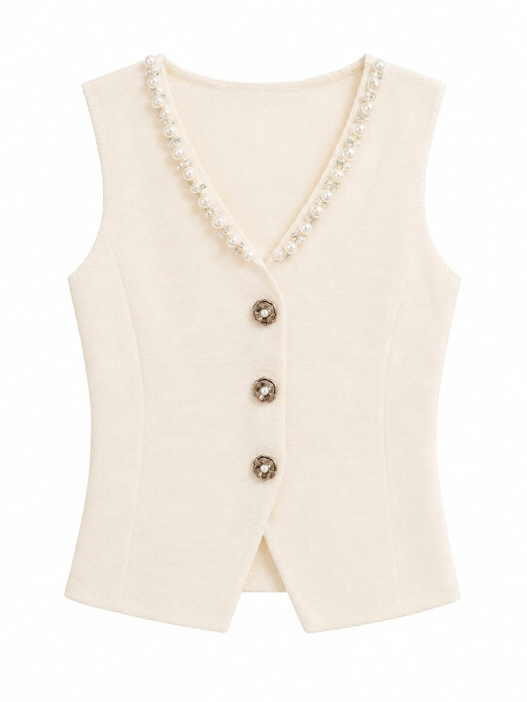 Women pearl trim knit vest-ivory