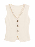 Women pearl trim knit vest-ivory