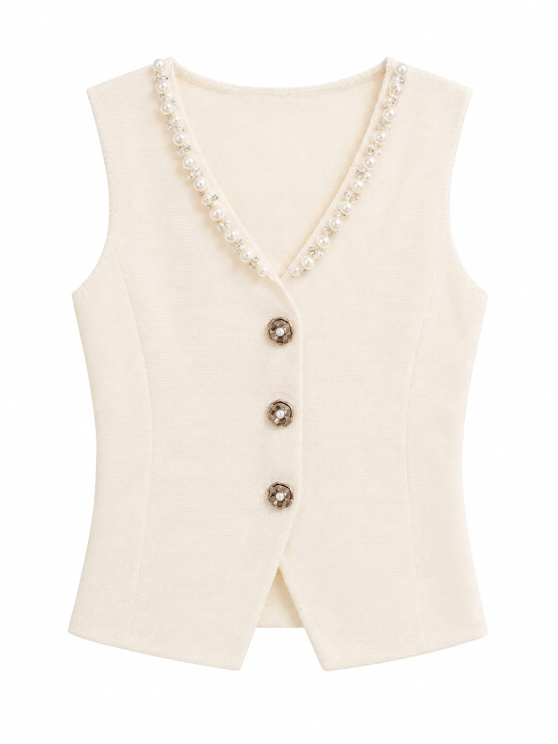 Women pearl trim knit vest-ivory
