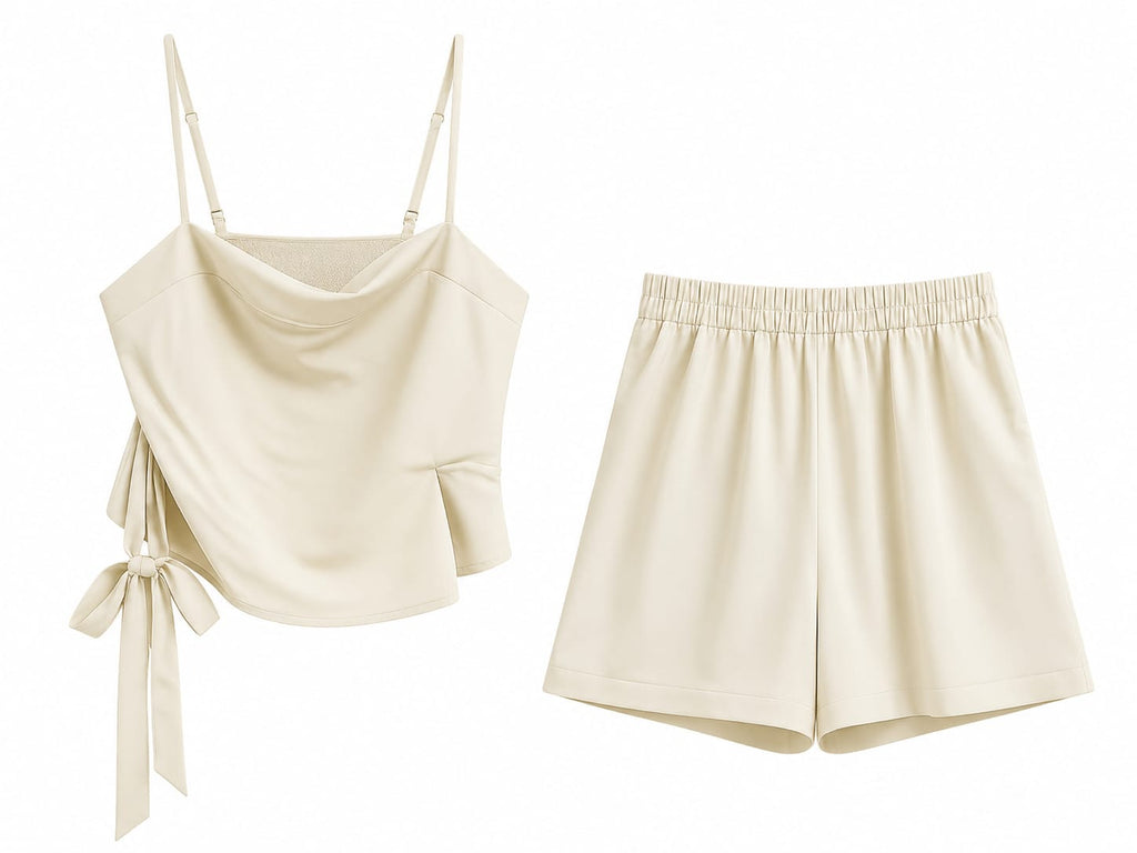 Women satin cowl neck top&shorts set-beige