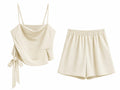Women satin cowl neck top&shorts set-beige