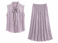 Women satin tie-neck blouse &pleated maxi skirt set-lilac
