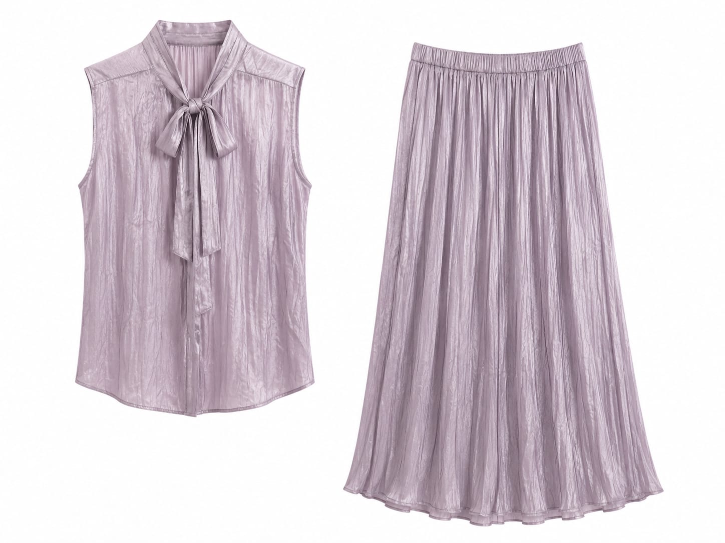 Women satin tie-neck blouse &pleated maxi skirt set-lilac