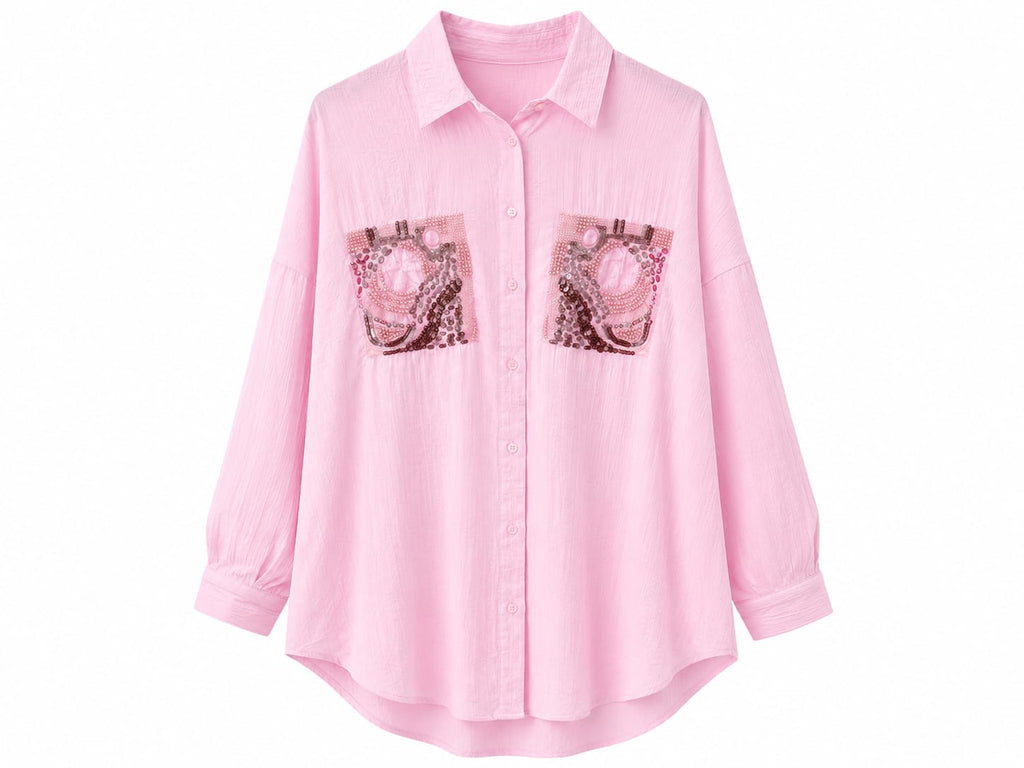 Pink embellished button-up shirt