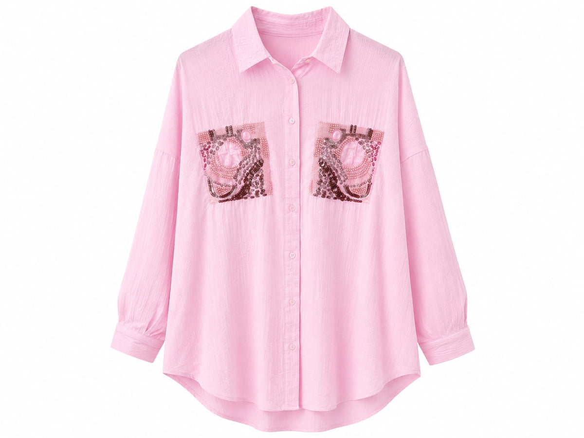 Pink embellished button-up shirt