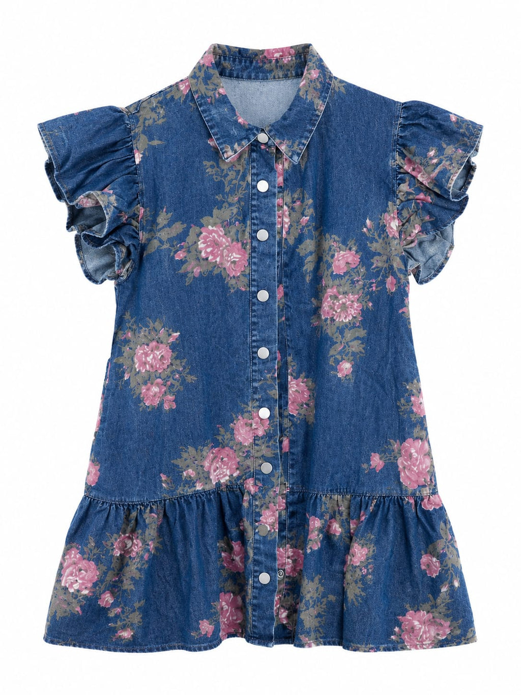 Floral denim ruffle button-up tunic