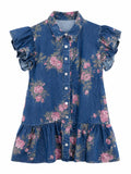 Floral denim ruffle button-up tunic