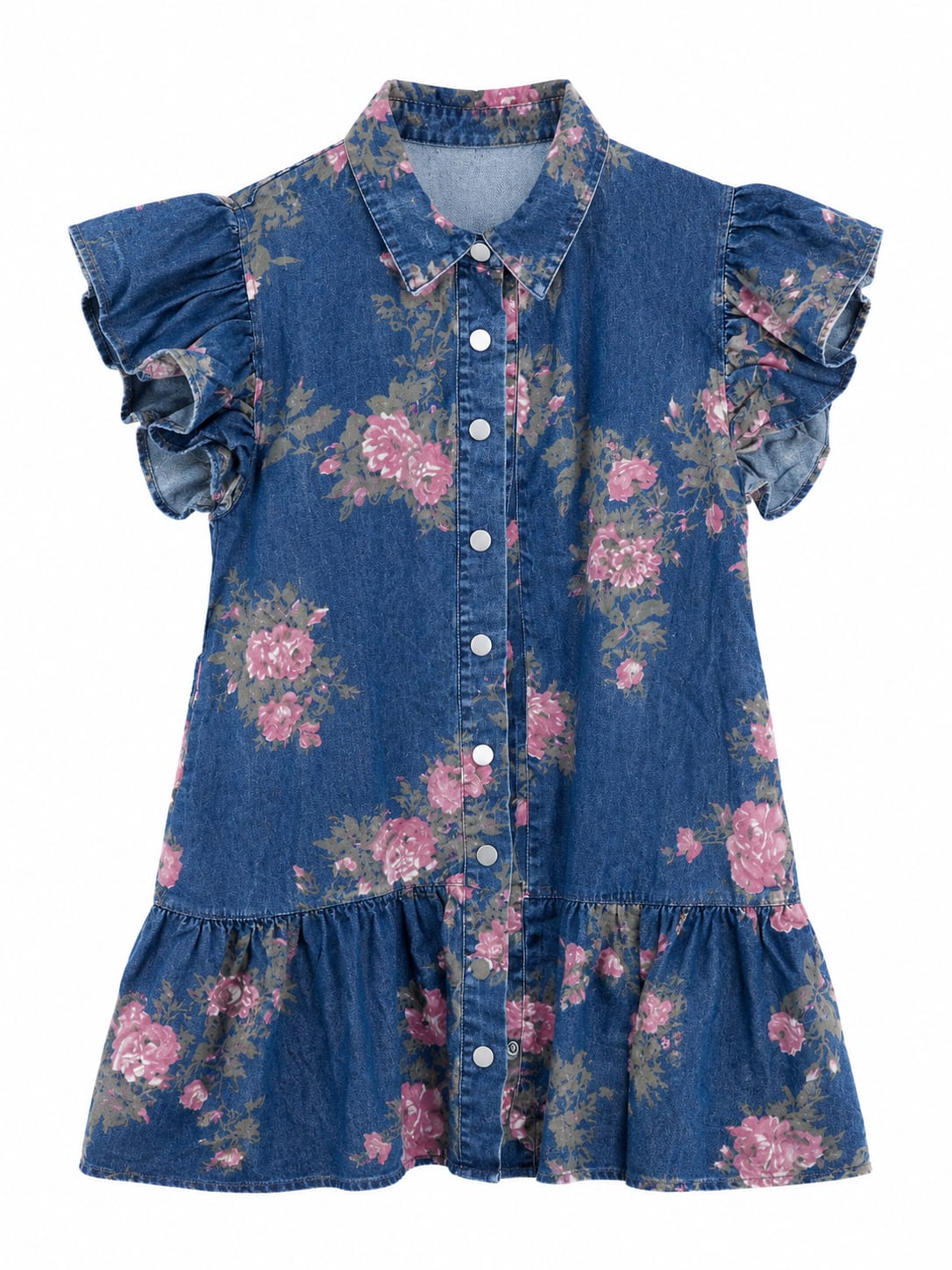 Floral denim ruffle button-up tunic