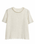 Women pearl neck lace blouse-ivory white