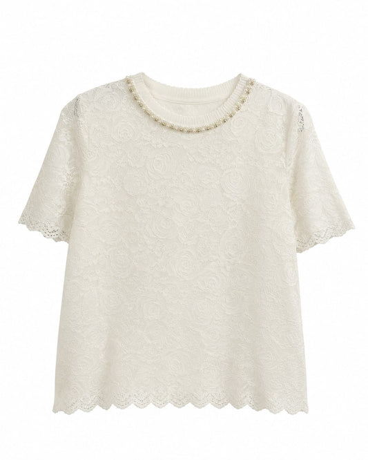 Women pearl neck lace blouse-ivory white