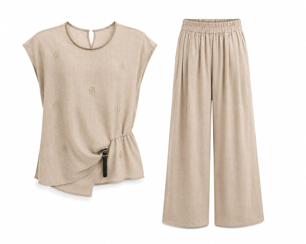 Beige embroidered linen co-ord set-sleeveless top&wide-leg pant