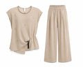 Beige embroidered linen co-ord set-sleeveless top&wide-leg pant