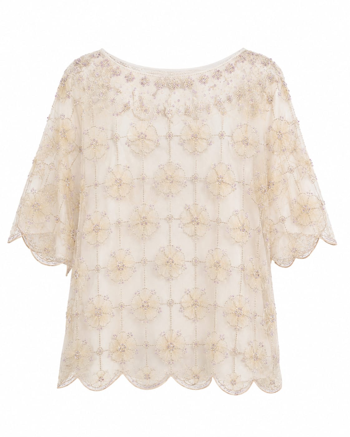 Women embellished floral mesh blouse-champagne beige