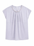 Women pearl neck pleated blouse-lilac