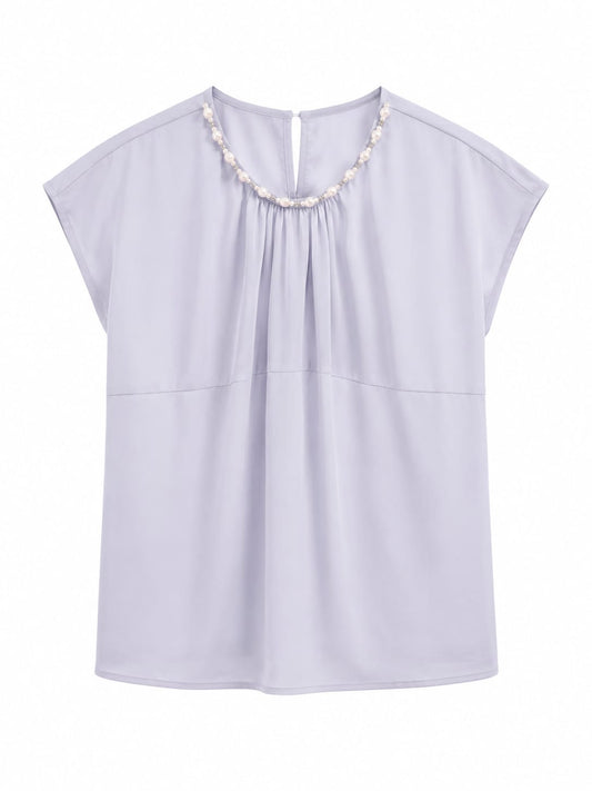 Women pearl neck pleated blouse-lilac
