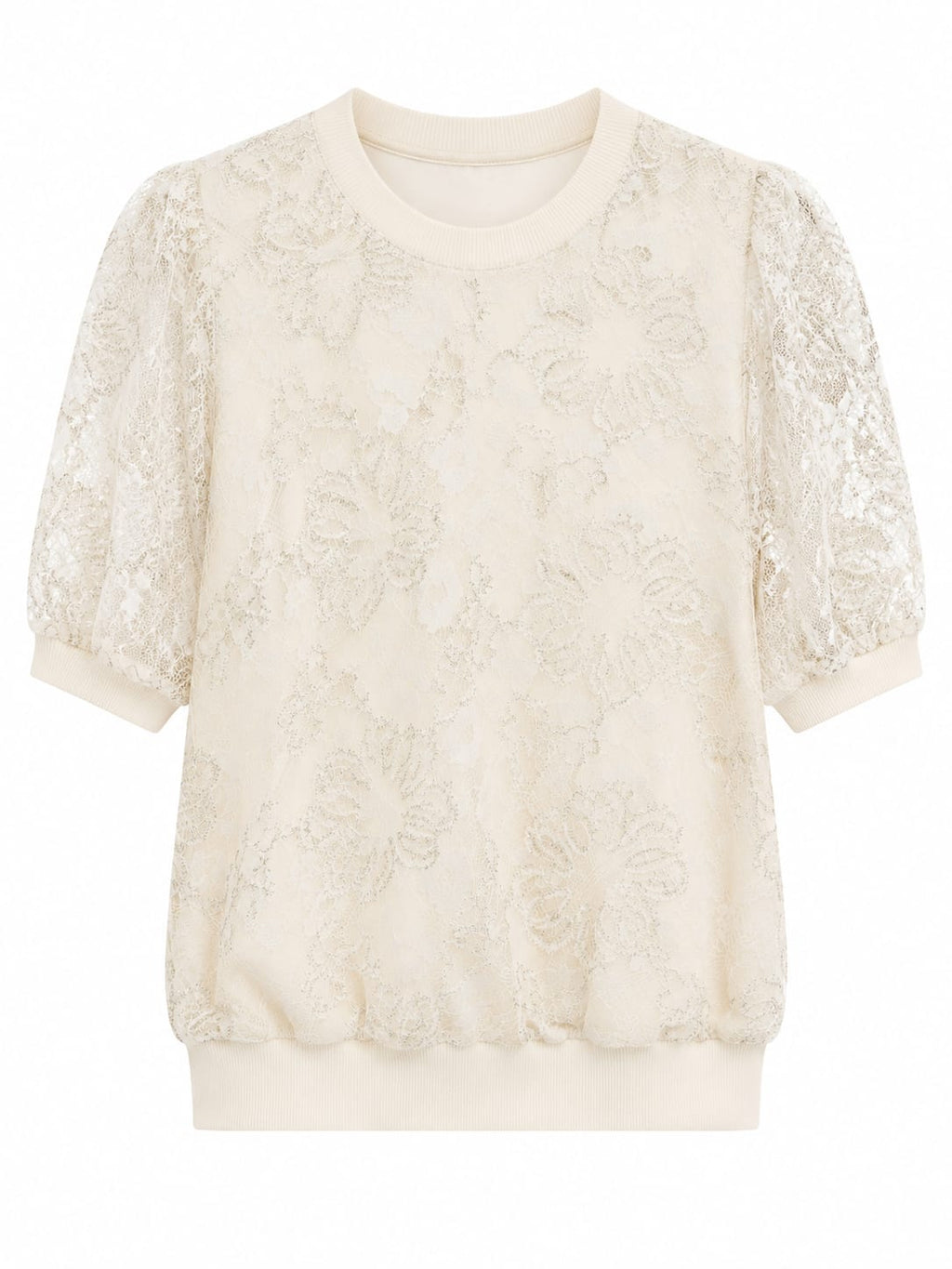 Women floral lace knit top-ivory white