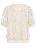Women floral lace knit top-ivory white