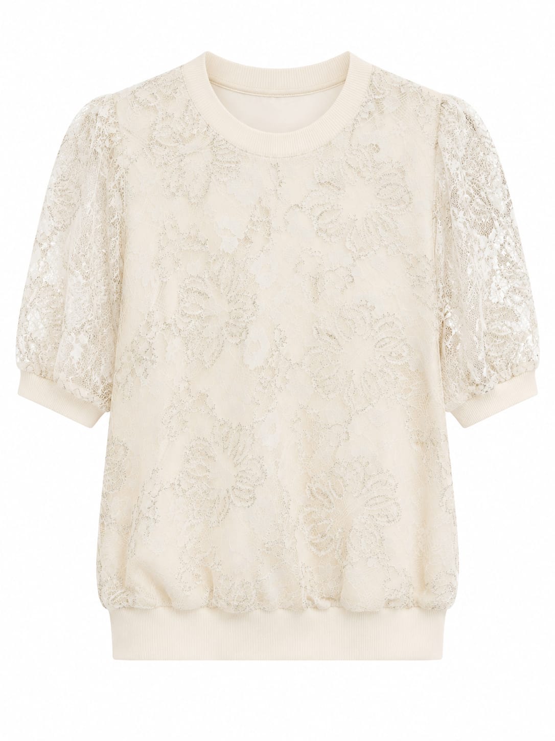 Women floral lace knit top-ivory white
