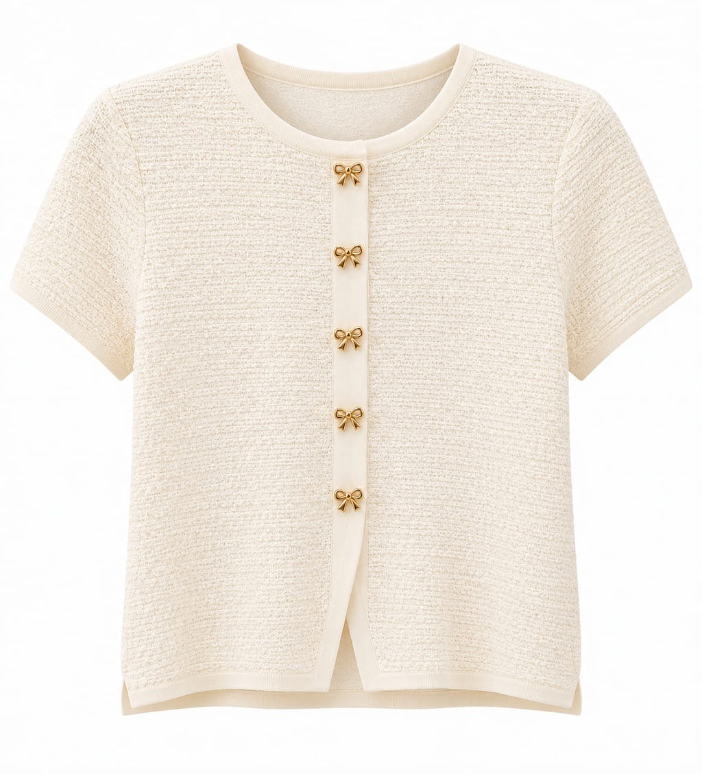 Women textured knit top with gold bow button-ivory white