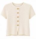 Women textured knit top with gold bow button-ivory white