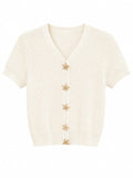 Women textured knit cardigan with starfish buttons-ivory white